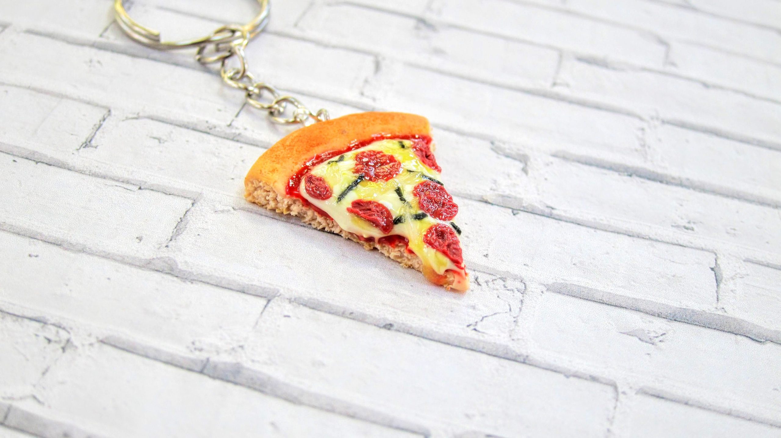 Pizza keychain, Polymer clay food, Mini food miniature keychai, Pepperoni pizza keychain