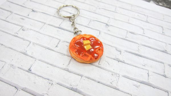 Waffle keychain, Polymer clay miniature, Food breakfast keychain, Food miniature accessory, Desk decor - Image 2