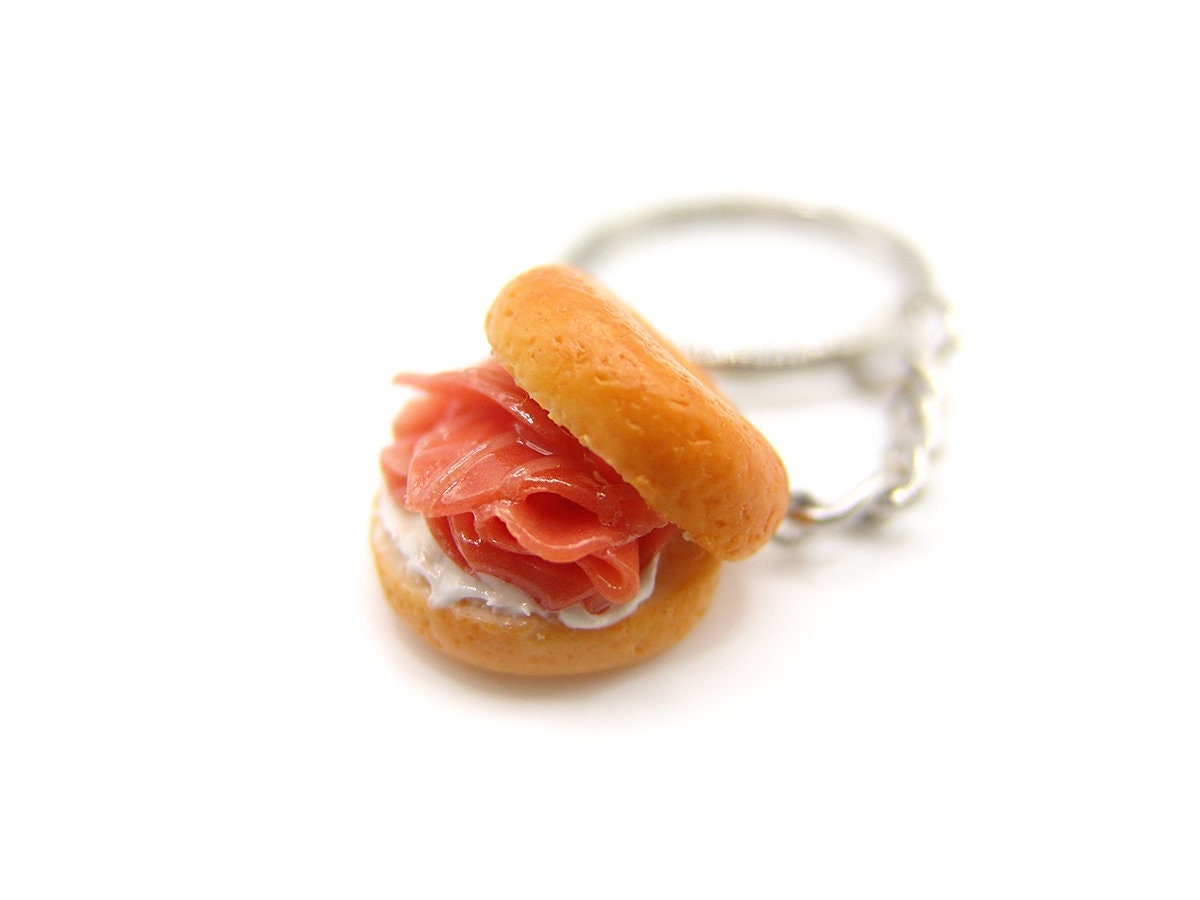 Stacked Smoked Salmon Bagel Keychain, Miniature Food Keychain, Creative Gift, Funny Gift