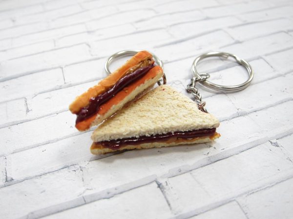 Peanut Butter and Jelly Sandwich Keychain, Polymer clay food miniature, Sandwich food accessory - Image 2