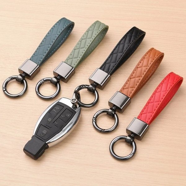 Luxury Genuine Leather Plaid Keychain - Black Buckle Car Key Ring Holder for Men & Women, Jewelry Gift - Image 3