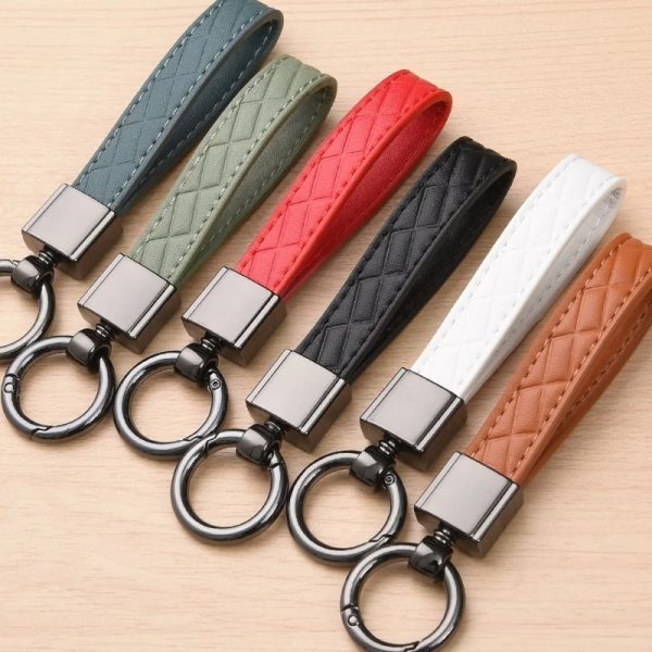 Luxury Genuine Leather Plaid Keychain - Black Buckle Car Key Ring Holder for Men & Women, Jewelry Gift