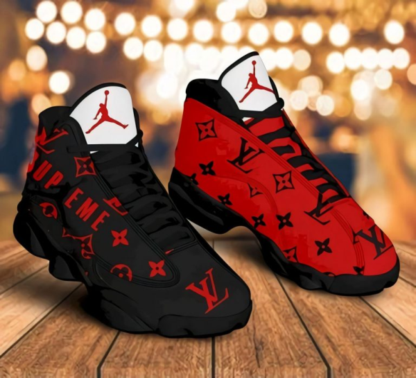LV Luxury Air Jordan 13 Sneaker Form Jordan 13 Sneaker Hot 2025 Louis Vuitton Black Red Sneaker Gift For LV Fans HT