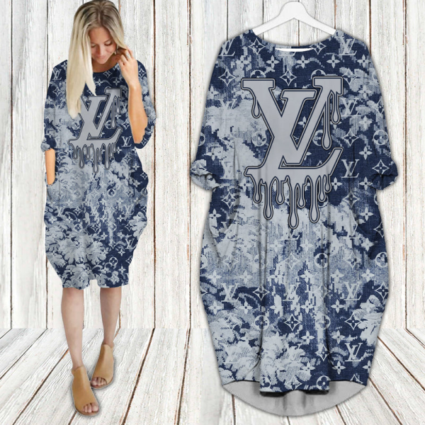 VLL Blue Batwing Pocket Dress Luxury Clothing Clothes Outfit For Women HT