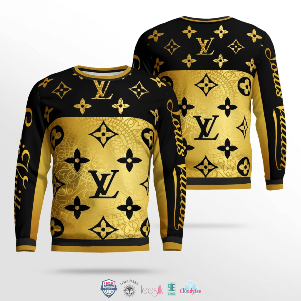 Louis Vuitton Gold Black Unisex Sweater Sweatshirt Shirt Clothing Clothes Outfits For Men Women HT